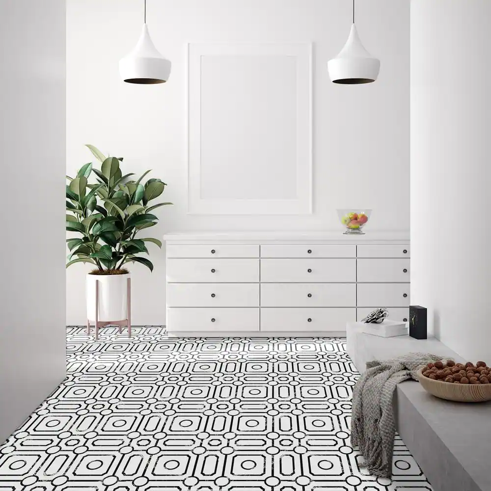 ACHIM Retro 12 in. W x 12 in. L Carrera Black/White Water Resistant Peel and Stick Vinyl Tile Flooring (20 sq. ft./case)