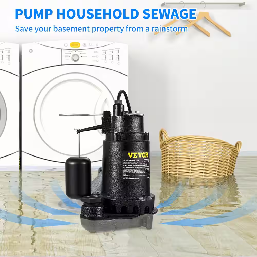 VEVOR 1HP Sewage Pump 5600 GPH Submersible Effluent Sump Pump with Automatic Snap-action Float Switch for Septic Tank Basement