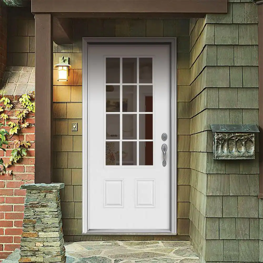 JELD-WEN 32 in. x 80 in. 12 Lite Primed Steel Prehung Left-Hand Inswing Front Door w/Brickmould