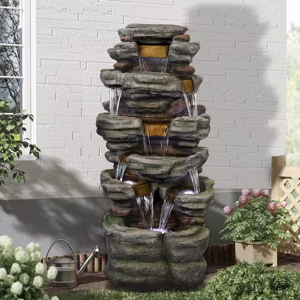 Watnature 47.2 in  Garden Water Fountain Stacked Shale Rockery Outdoor Fountain with LED Lights for Backyard, Garden, Office