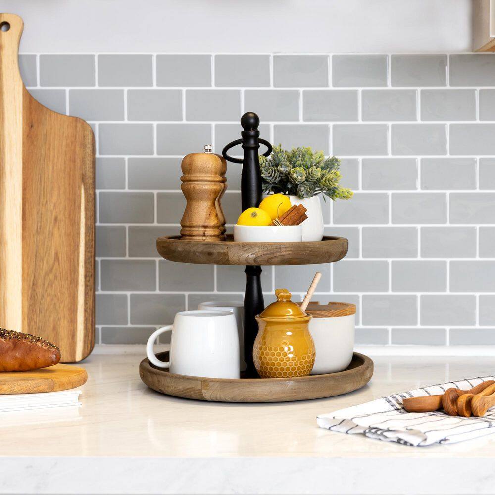 Stratton Home Decor 2-Tiered Natural Wood and Black Metal Decorative Tabletop Tray Stand