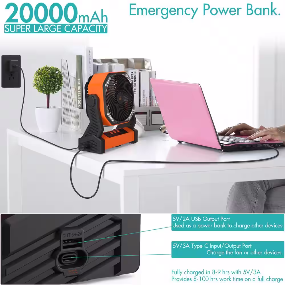 panergy 20000mAh Rechargeable Battery Jobsite Fan with Light & Hook, 270Â° Pivot, 4 Speeds, for Camping, Power Outage, Jobsite