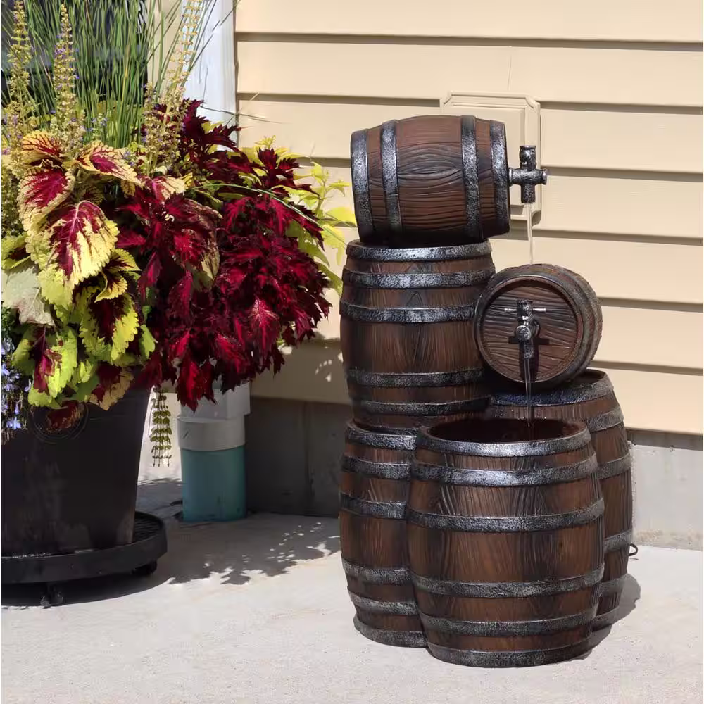 Sunnydaze Decor 29 in. Stacked Rustic Barrel Outdoor Cascading Water Fountain with LED Lights