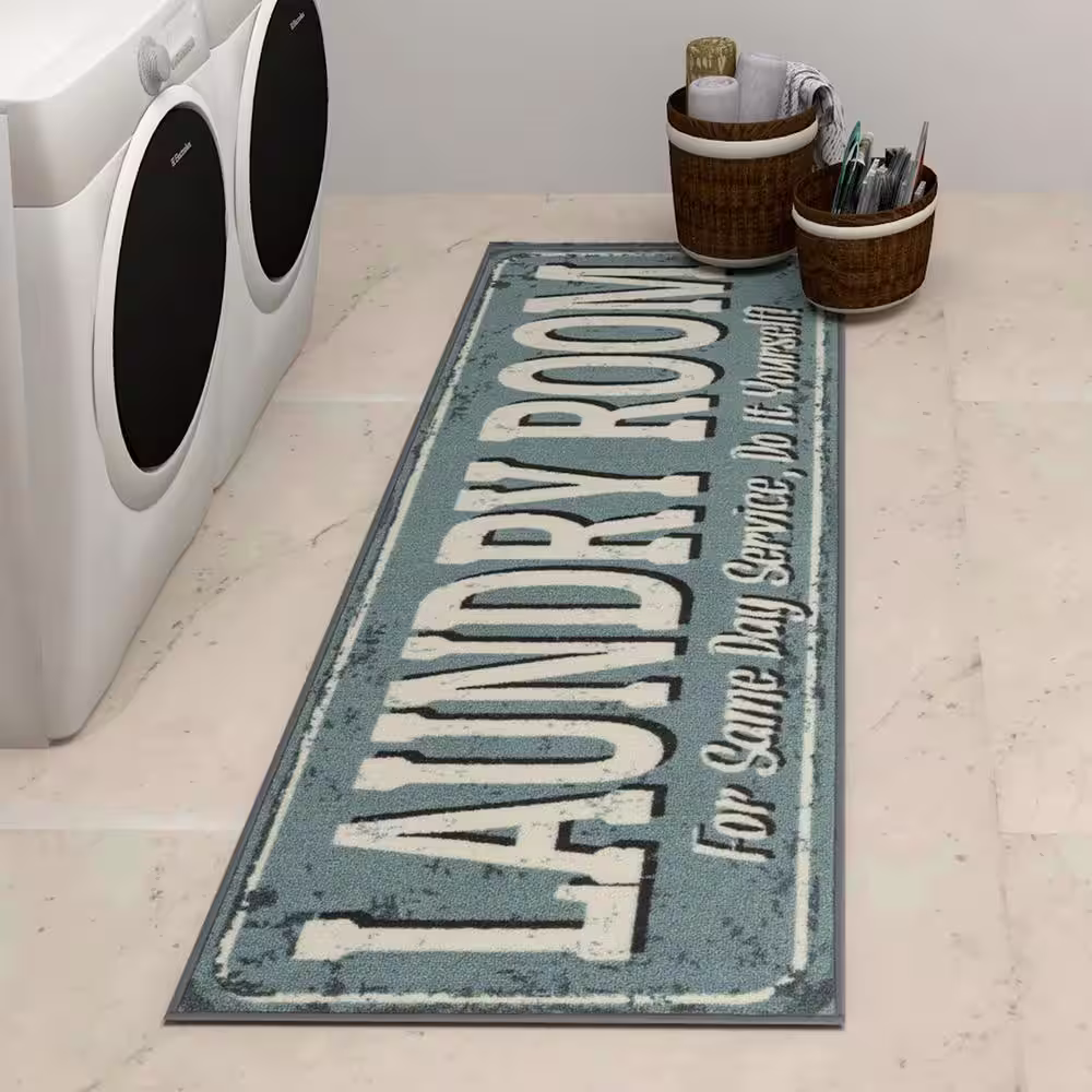 Ottomanson Laundry Collection Non-Slip Rubberback 2x5 Laundry Room Runner Rug, 20 in. x 59 in., Baby Blue