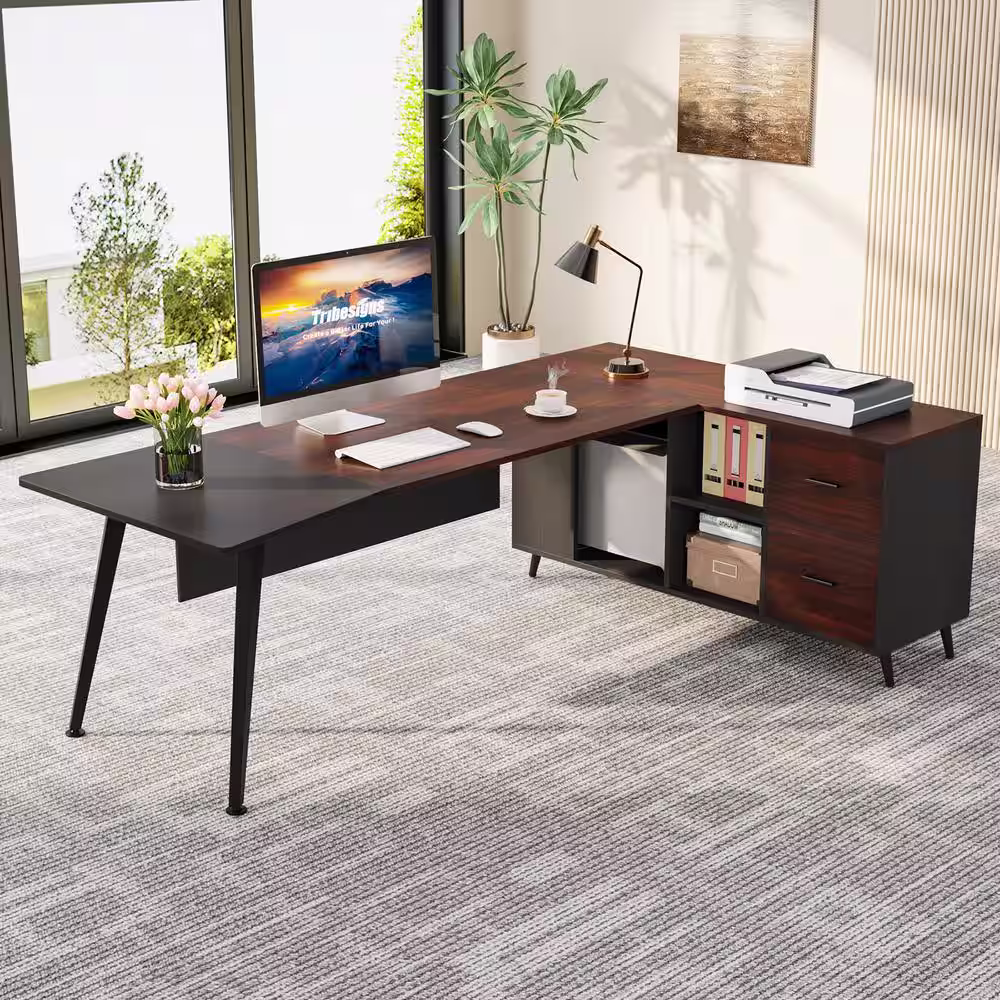 None Capen 87 in. L Shaped Brown Engineered Wood 2 Drawer Executive Desk with 51 in. File Cabinet Home Office Computer Desk