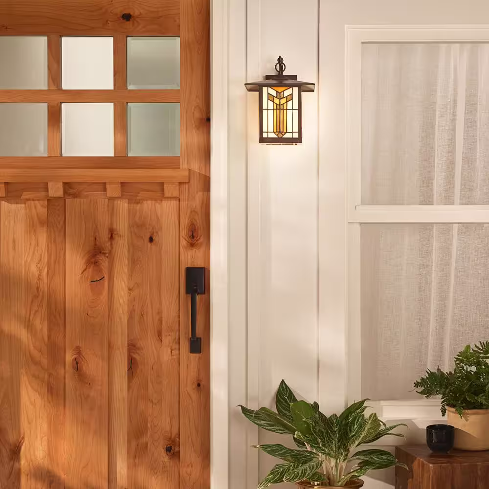 River of Goods Craftsman Style 1-Light Oil Rubbed Bronze Outdoor Stained Glass Wall Lantern Sconce