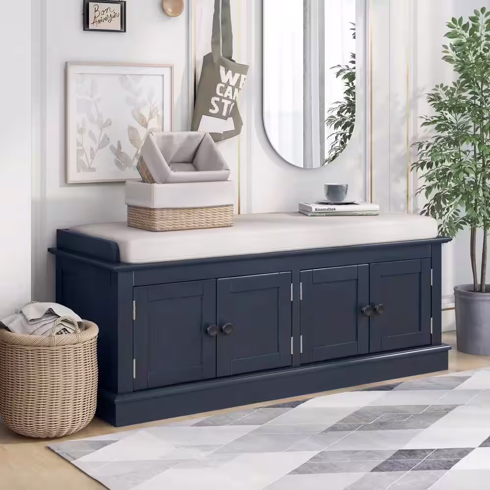 LUCKY ONE Entryway Hallway 17.5 in. H x 15.90 in. W Antique Navy Rectangle Wooden Shoe Storage Bench with 2-Drawers White Cushion