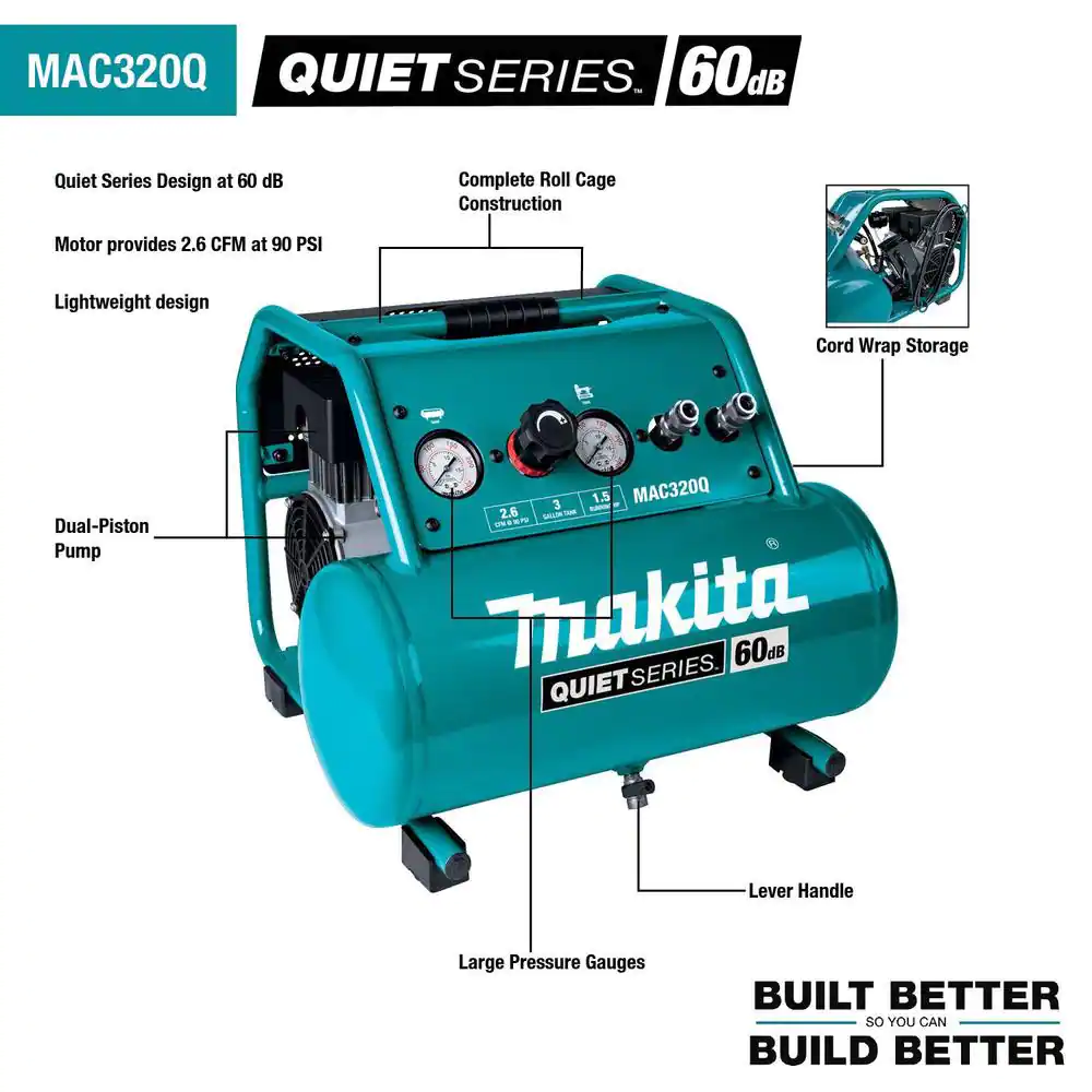 Makita Quiet Series 1-1/2 HP 3 Gal. Oil-Free Electric Air Compressor