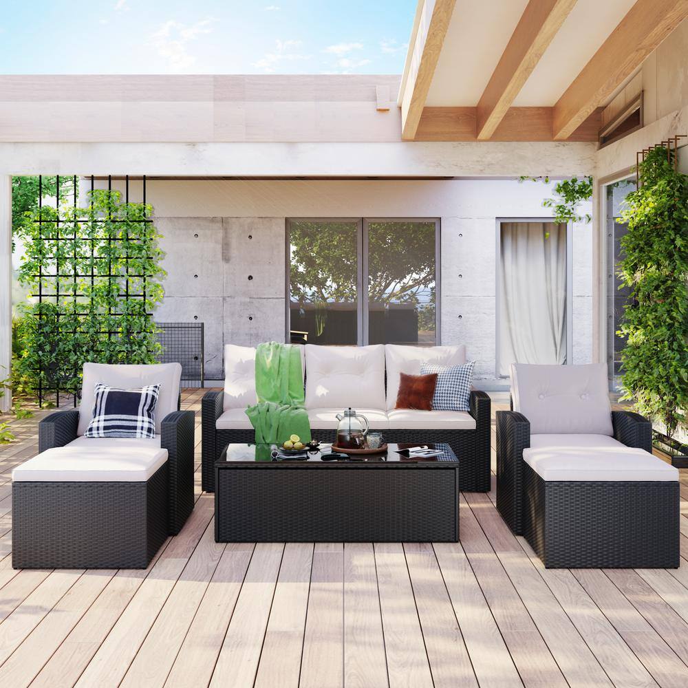 None 6-Piece Outdoor Patio Furniture Set, PE Rattan Wicker Conversation Sectional Sofa Set with Table & Chairs, Beige Cushion
