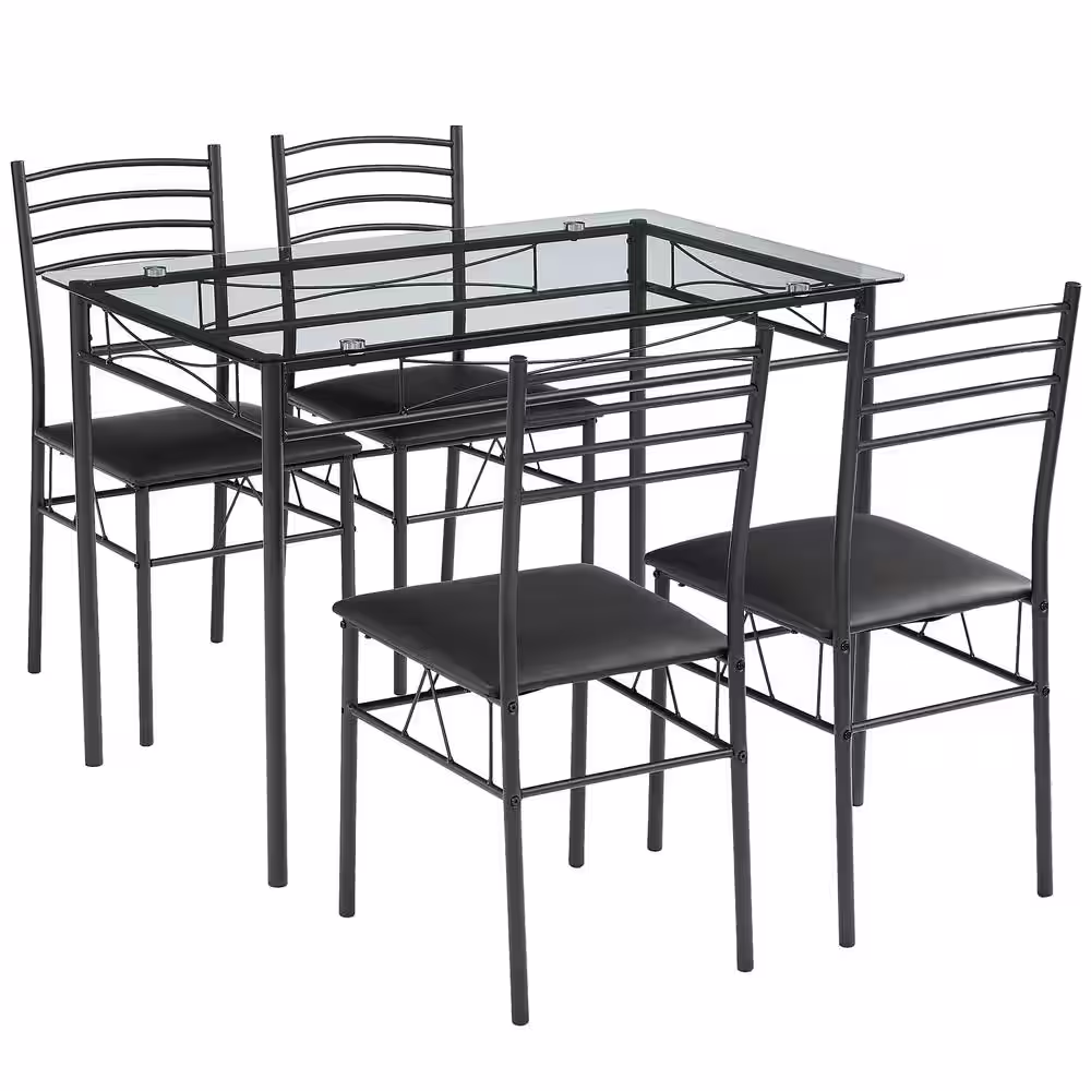 VECELO 5 Pcs Dining Table Set, Home Dining Table and 4 Chairs Set with Tempered Glass Tabletop Padded Seatï¼?3.3