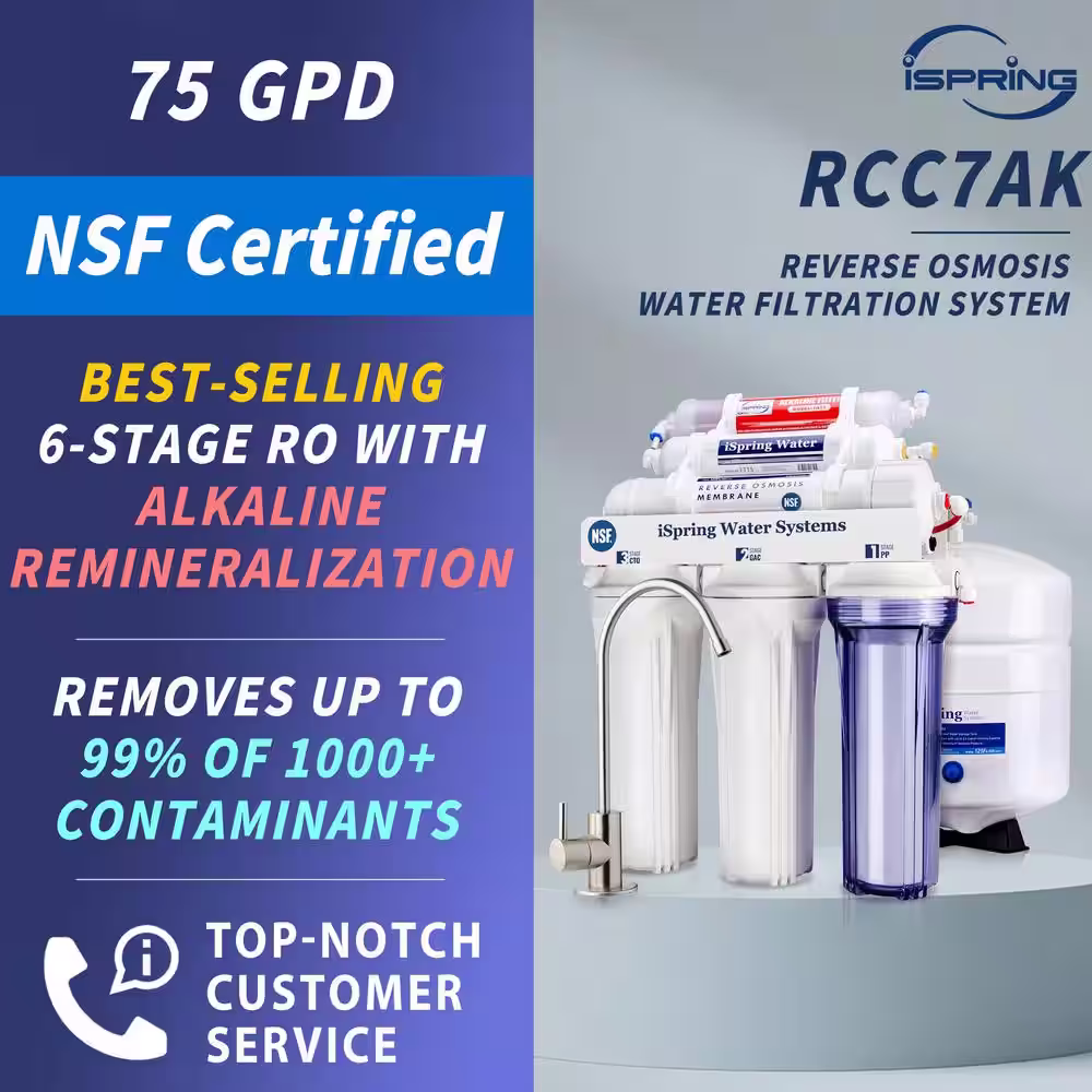 ISPRING 6-Stage Under Sink Reverse Osmosis Drinking Water Filter System with Alkaline Remineralization, NSF Certified
