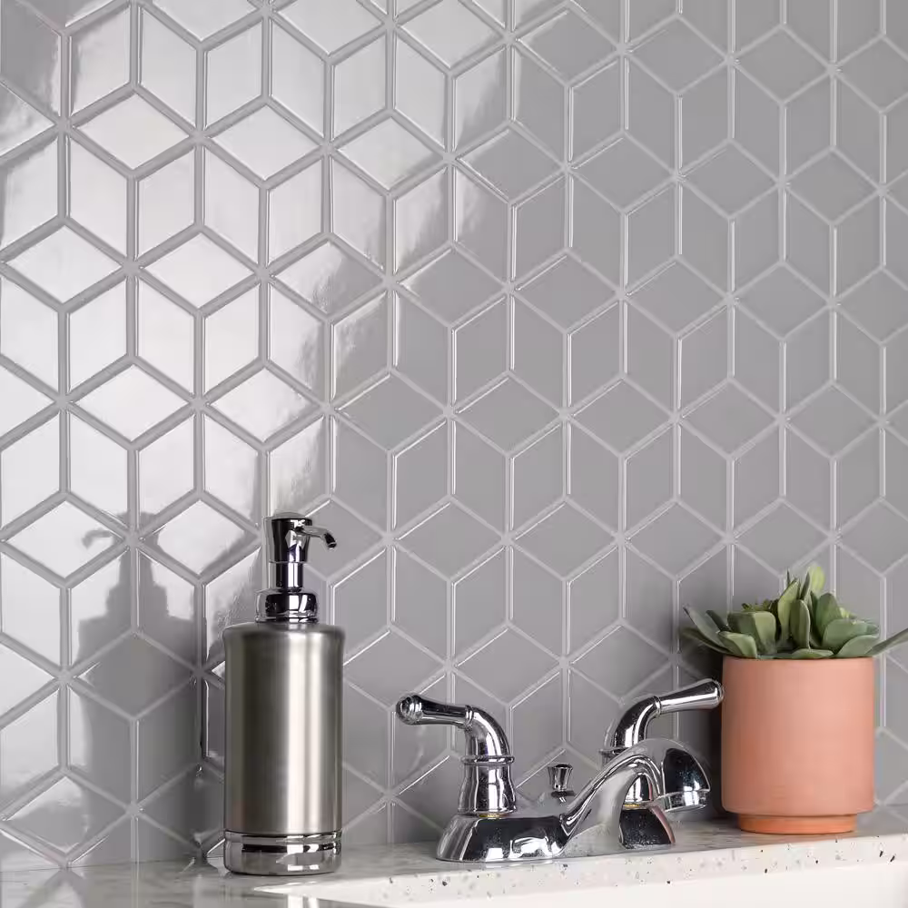 Merola Tile Metro Rhombus Glossy Light Grey 10-1/2 in. x 12-1/8 in. Porcelain Mosaic Tile (9.0 sq. ft./Case)