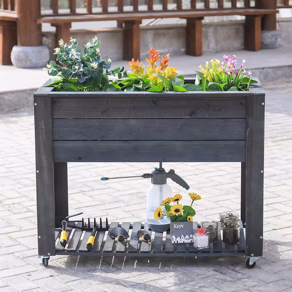 Ejoy 40 in. x 32 in. x 20 in. Dark Grey Mobil Wooden Elevated Planter with Shelf