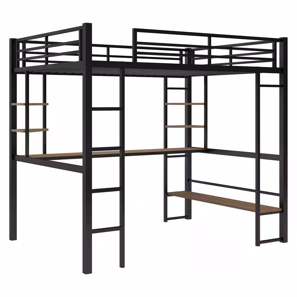 Qualler Black Full Size Loft Meta Bed with Long Desk and Shelves
