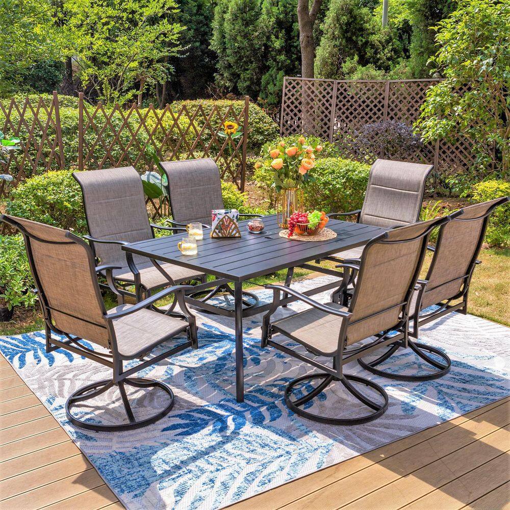 None Black 7-Piece Metal Outdoor Patio Dining Set with Slat Rectangle Table and High Back Padded Textilene Swivel Chairs
