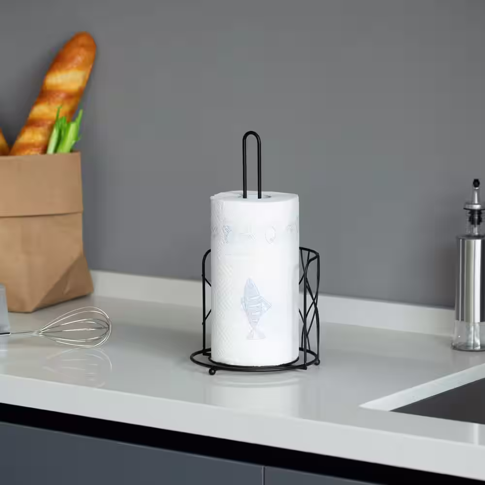 Basicwise Freestanding Black Iron Paper Towel Holder Stand Roll Dispenser with Frame for Kitchen
