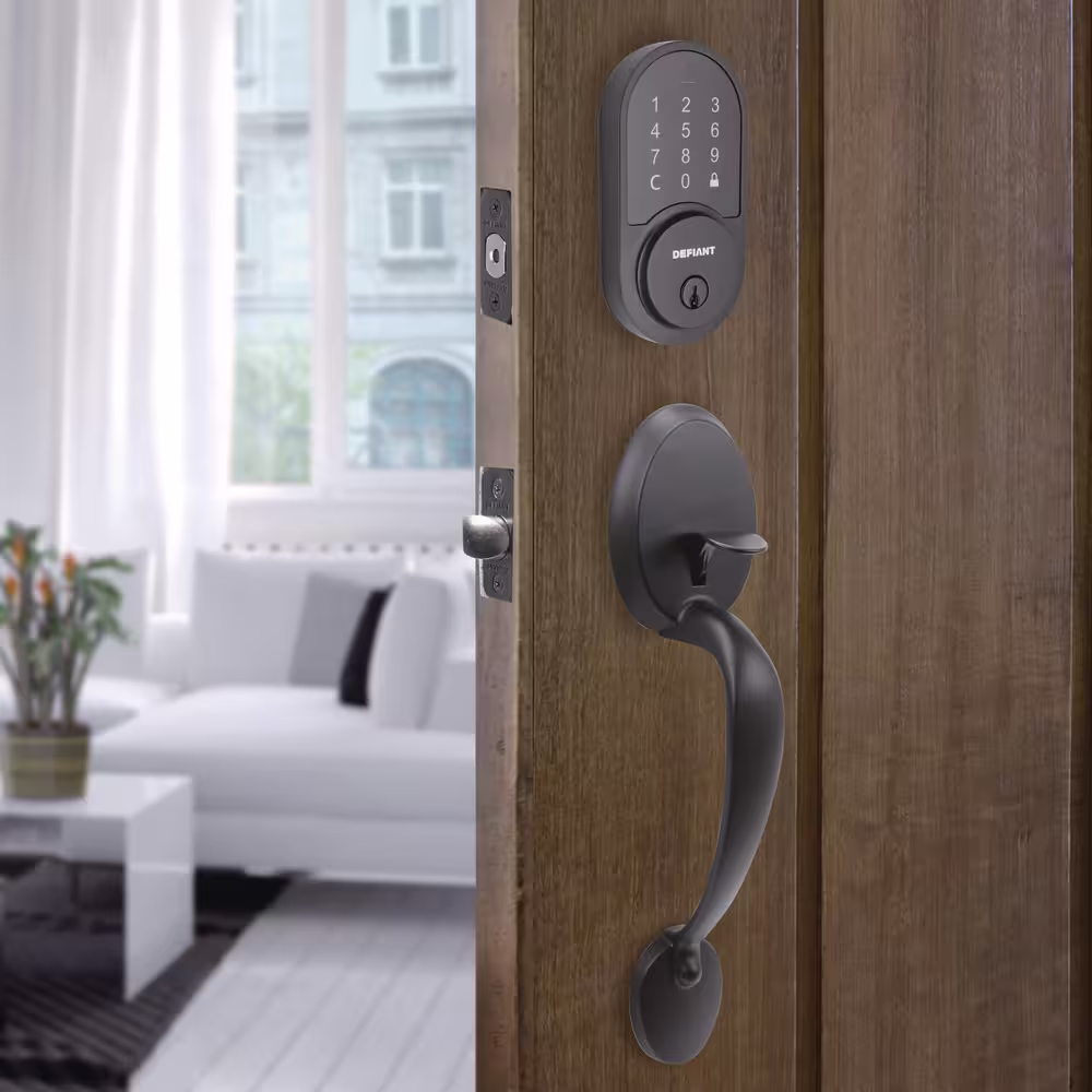 Defiant Wilmington Matte Black Door Handleset with Round Smart Hubspace WiFi Deadbolt and Hartford Interior Knob