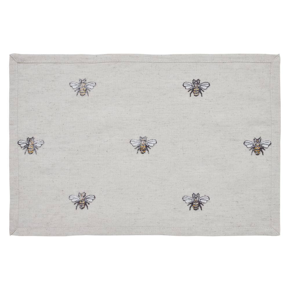 None Embroidered Bee 12 in. W x 18 in. L Beige/Cream Yellow Grey Cotton Linen Placemat (Set of 6)