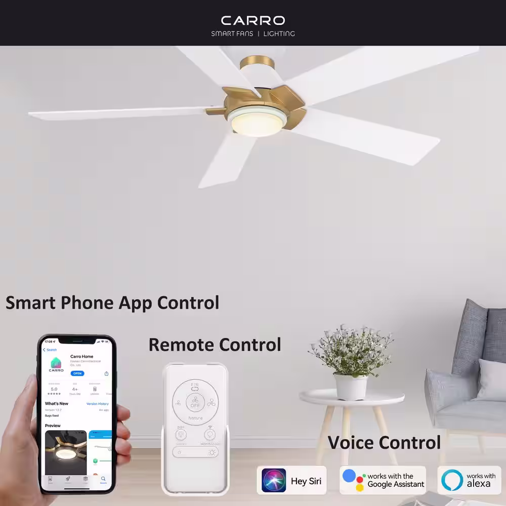 CARRO Aspen 52 in. Dimmable LED Indoor/Outdoor White Smart Ceiling Fan with Light and Remote, Works with Alexa/Google Home