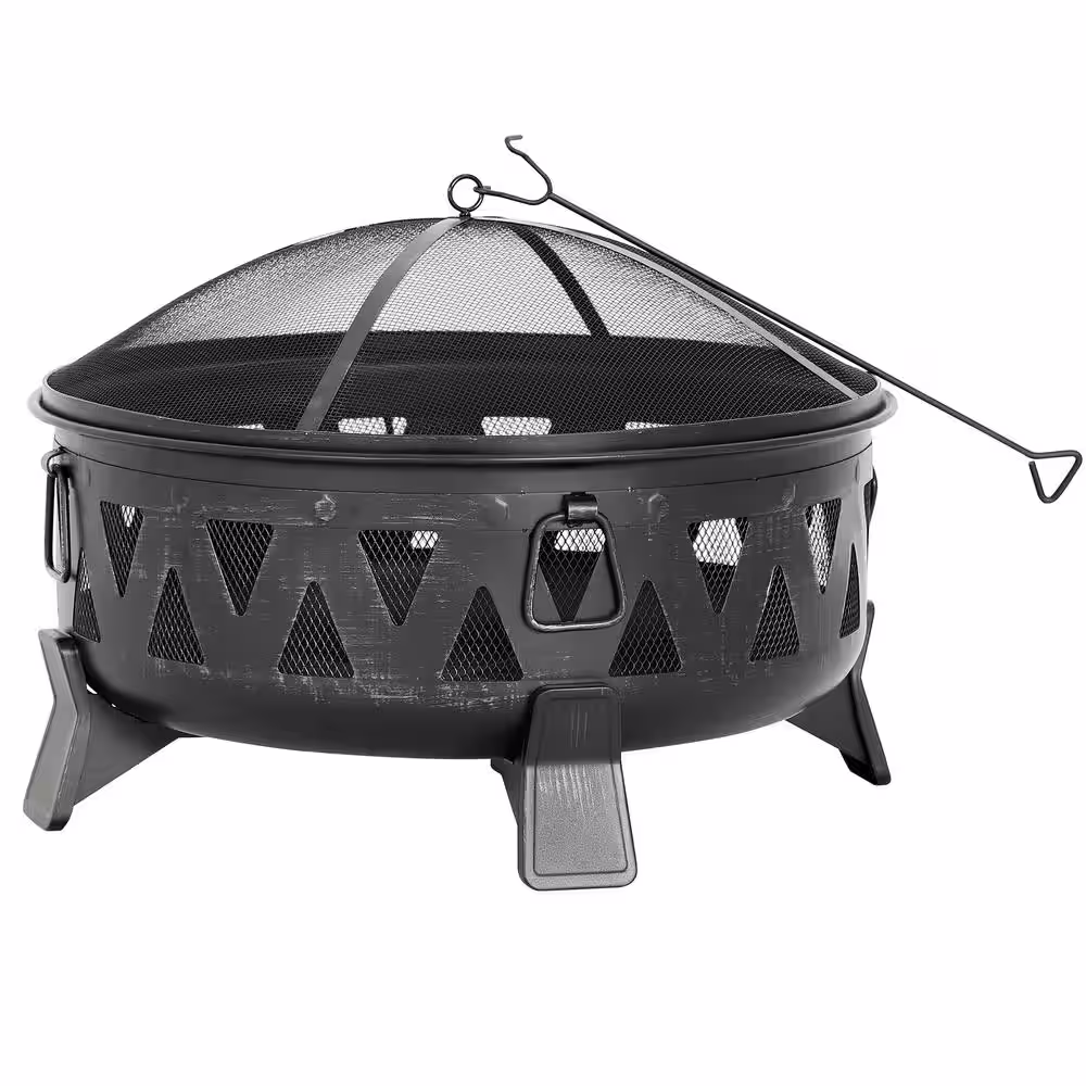 HeatMaxx 29.9 in. Outdoor Wood Burning Fire Pit Round Deep Bowl Fire Pit with Spark Screen Cover and Poker for Backyard Garden