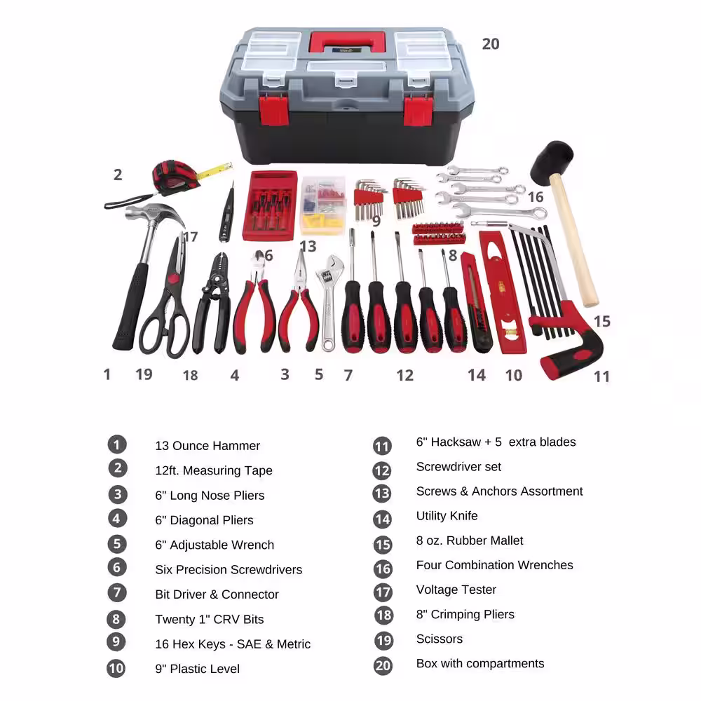 Apollo Household Tool Kit with 16.5 in. Tool Box Red (170-Piece)