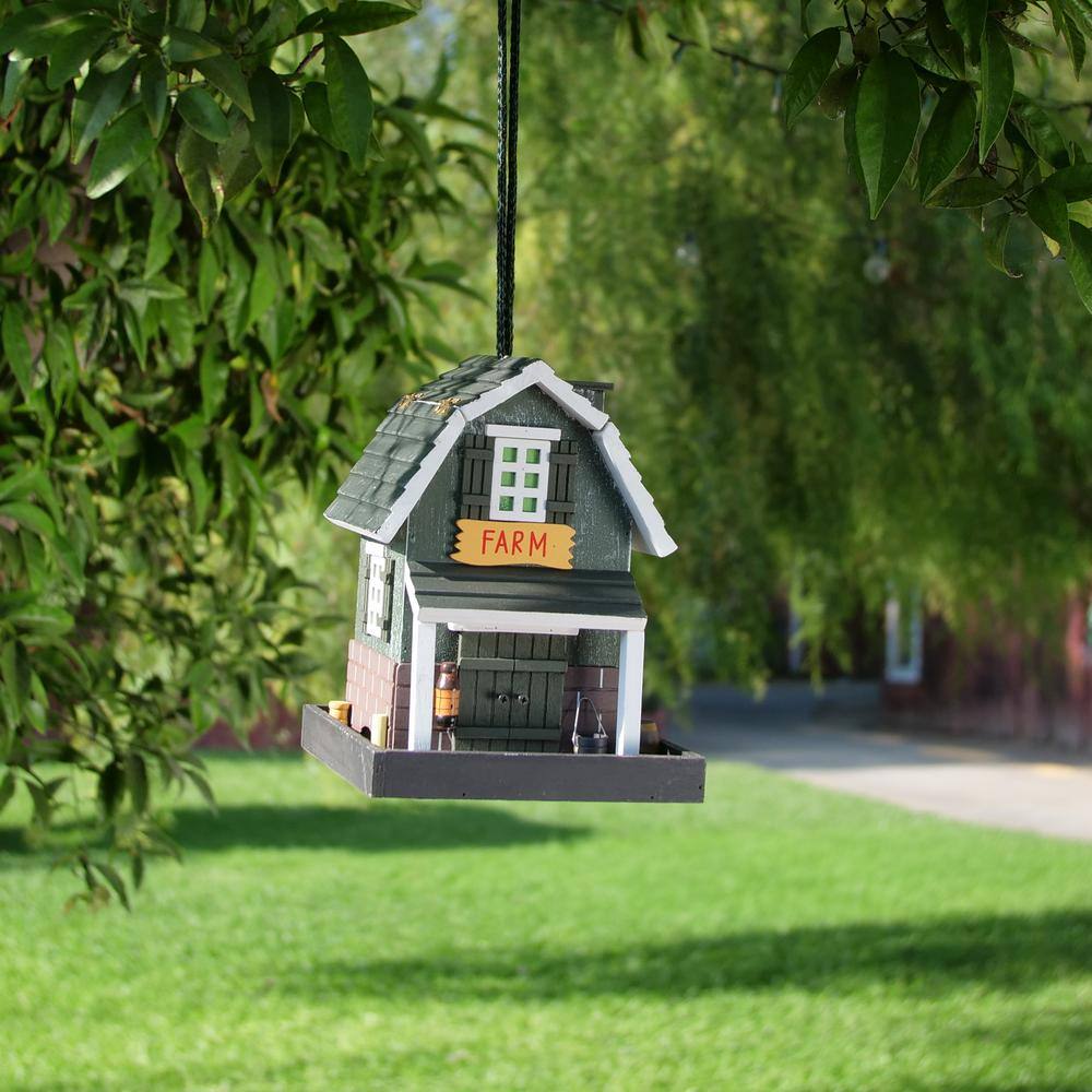 Alpine Corporation 9 in. Tall Wooden Farm Store Hanging or Table Outdoor Bird Feeder House, Black