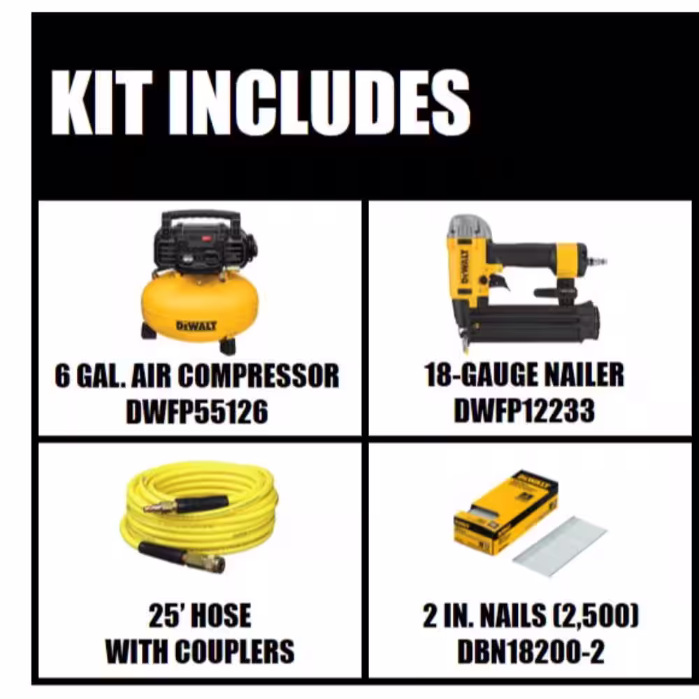 DEWALT 6 Gal. 165 PSI Heavy-Duty Electric Pancake Air Compressor, 18-Gauge Brad Nailer and 2 in. x 18-GA Brads (2500 per Pack)