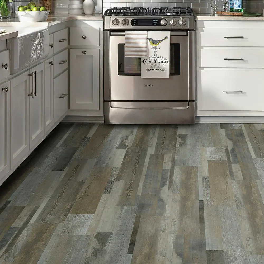 TrafficMaster Grey Distressed Wood 4 MIL x Multi-Width x 36 in. L Peel and Stick Vinyl Plank Flooring (36 sqft/case)