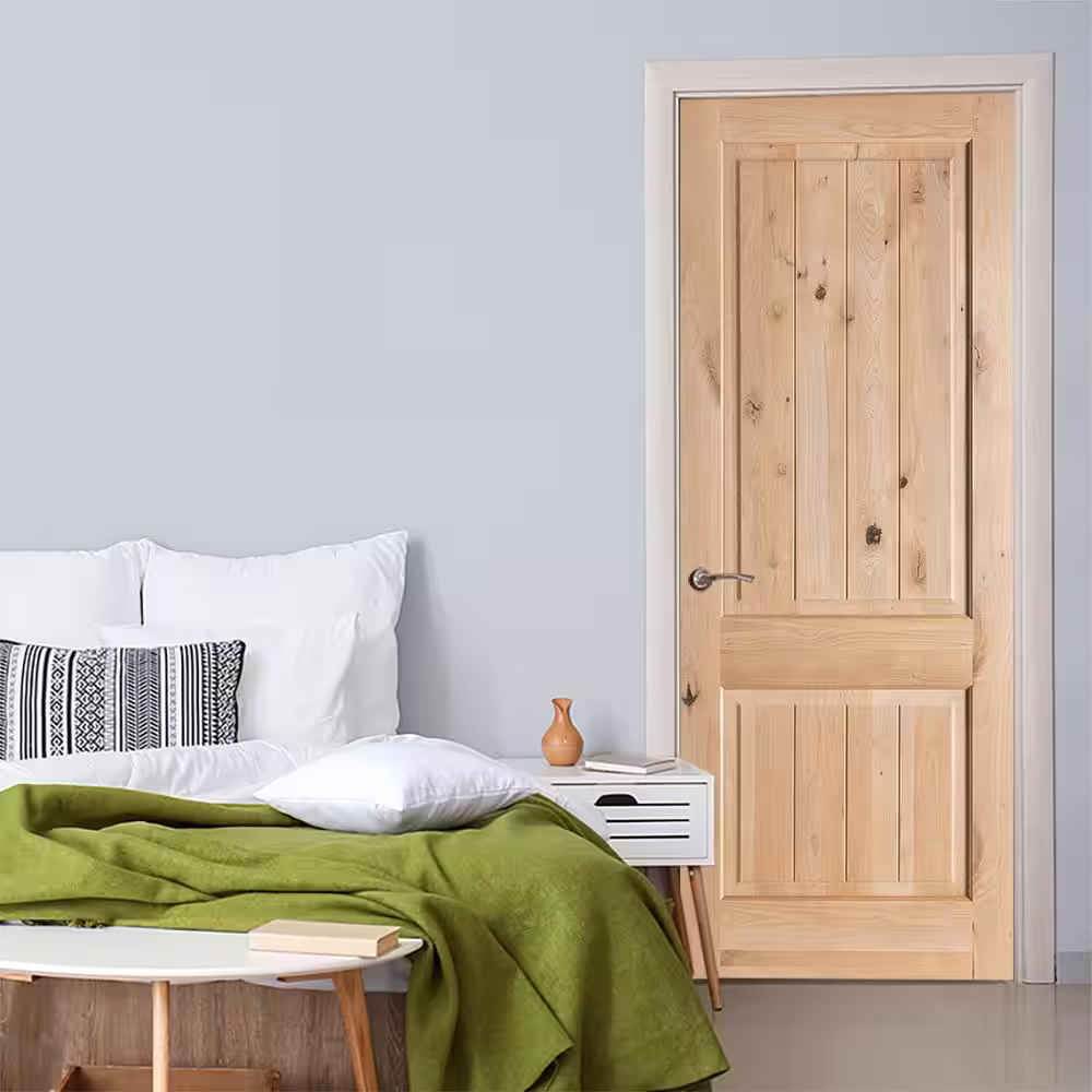 Krosswood Doors 36 in. x 96 in. Knotty Alder 2 Panel Right-Hand Square Top V-Groove Black Stain Solid Wood Single Prehung Interior Door