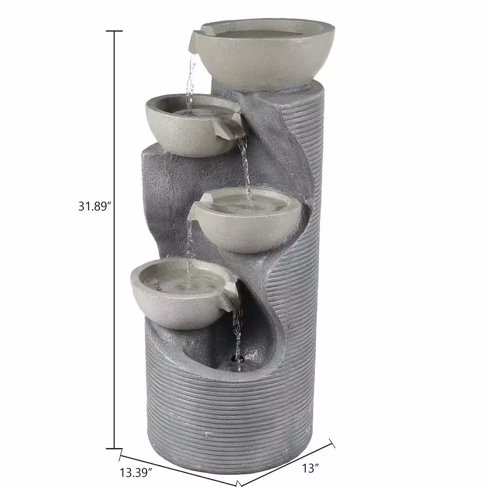 LuxenHome Modern Gray Cement Tiered Bowls Outdoor Fountain with Lights
