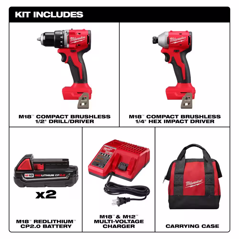 Milwaukee M18 18V Lithium-Ion Brushless Cordless Compact Drill/Impact Combo Kit (2-Tool) w/(3) 2.0Ah Batteries