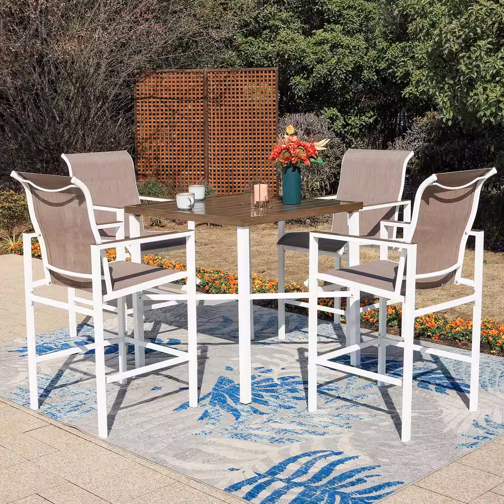 None White 5-Piece Metal Outdoor Bar Height Dining Set With Straight-Leg Square Table and Textilene Bar Stools