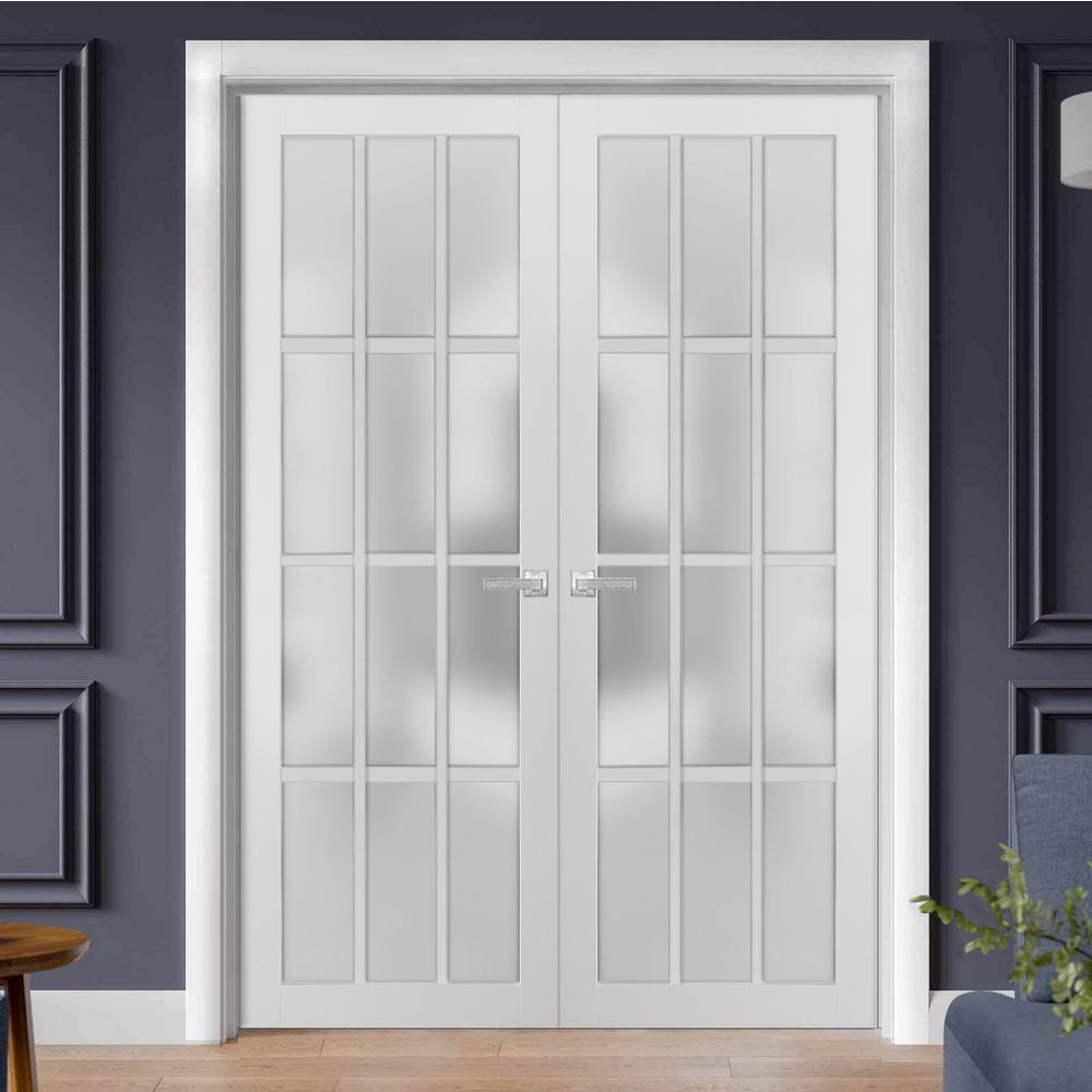 Sartodoors 3312 64 in. x 84 in. Universal Handling Frosted Glass Solid Core White Finished Pine Wood Double Prehung French Door