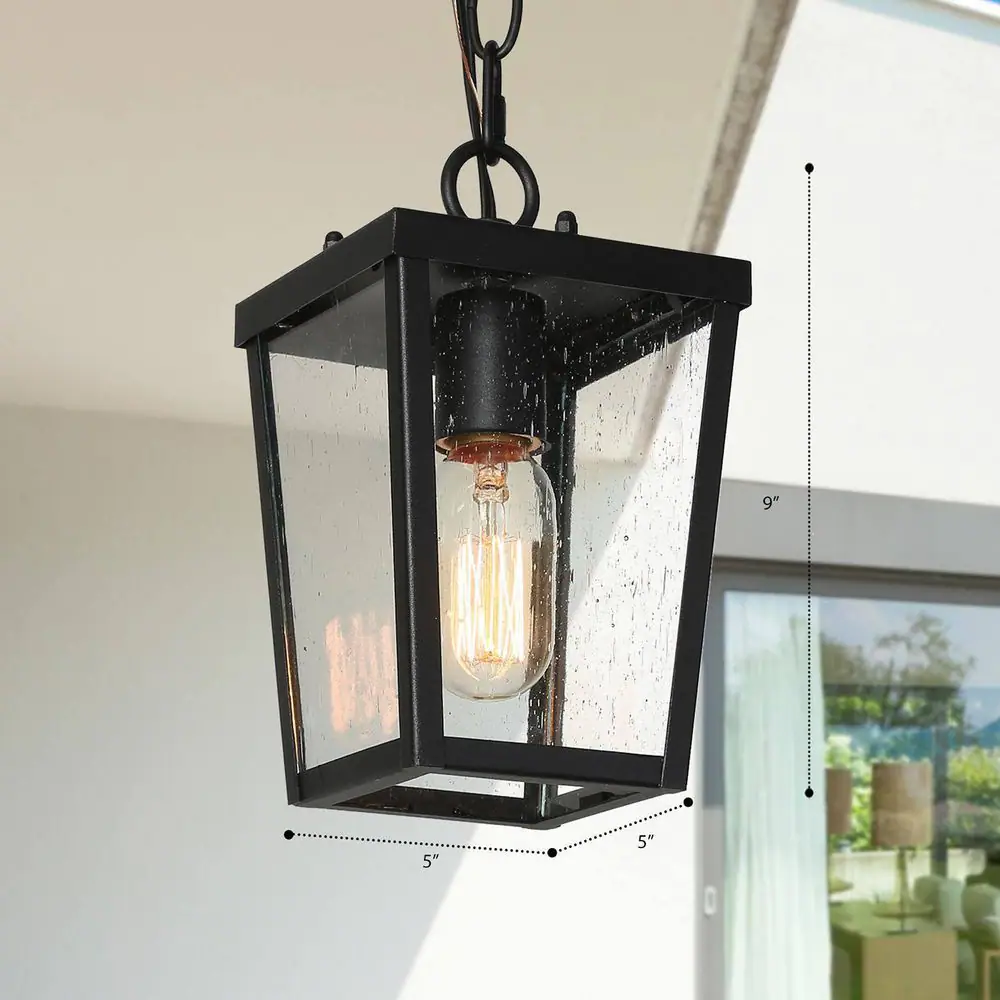 LNC Modern Coastal Black 1-Light Lantern Outdoor Pendant Light with Seeded Glass shade Mini Hanging Pendant for Patio Porch