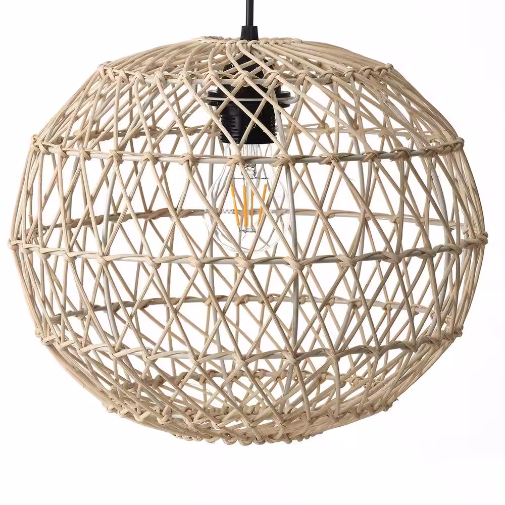 Hampton Bay Ashville 1-Light Brown Rattan LED Outdoor Solar Pendant Light with Remote Solar Panel