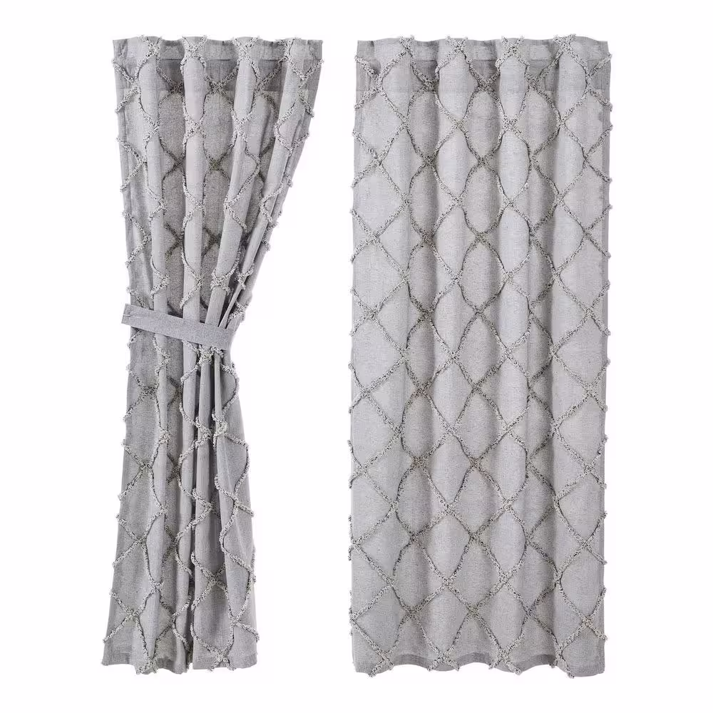 VHC Brands Frayed Lattice 36 in W x 63 in L Light Filtering Rod Pocket Window Panel Grey Creme Black Pair