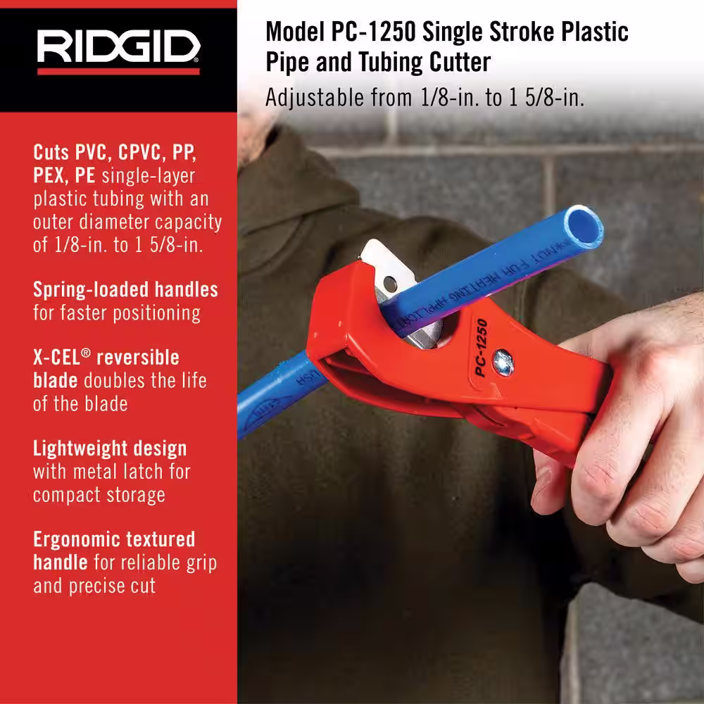 RIDGID 1/8 in. - 1-5/8 in. PC-1250 PEX and Vinyl Tubing Cutting Tool, Single Stroke Scissor Style Cut with Reversible Blade