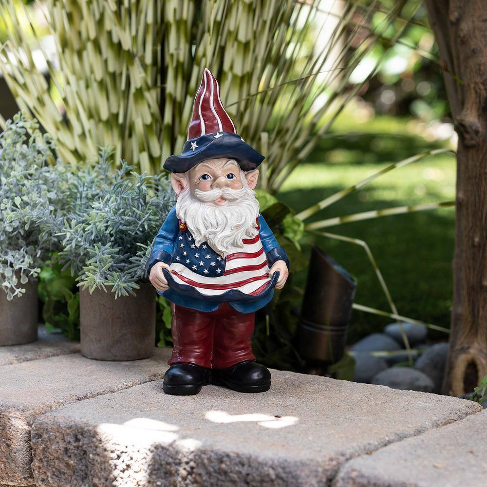 Alpine Corporation 12 in. Tall Outdoor Americana Garden Gnome with American Flag Bird Feeder and Yard Statue Decoration
