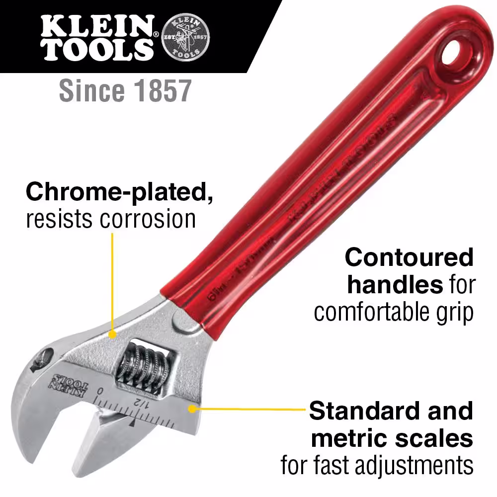 Klein Tools 15/16 in. Extra Capacity Adjustable Wrench with Plastic Dipped Handle