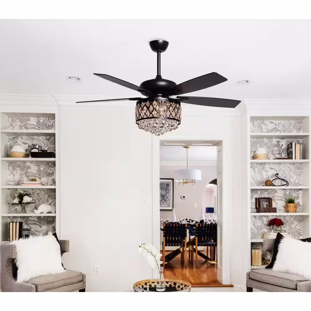 Parrot Uncle Berkshire 52 in. Crystal Downrod Mount Black Ceiling Fan With Light Kit and Remote Control