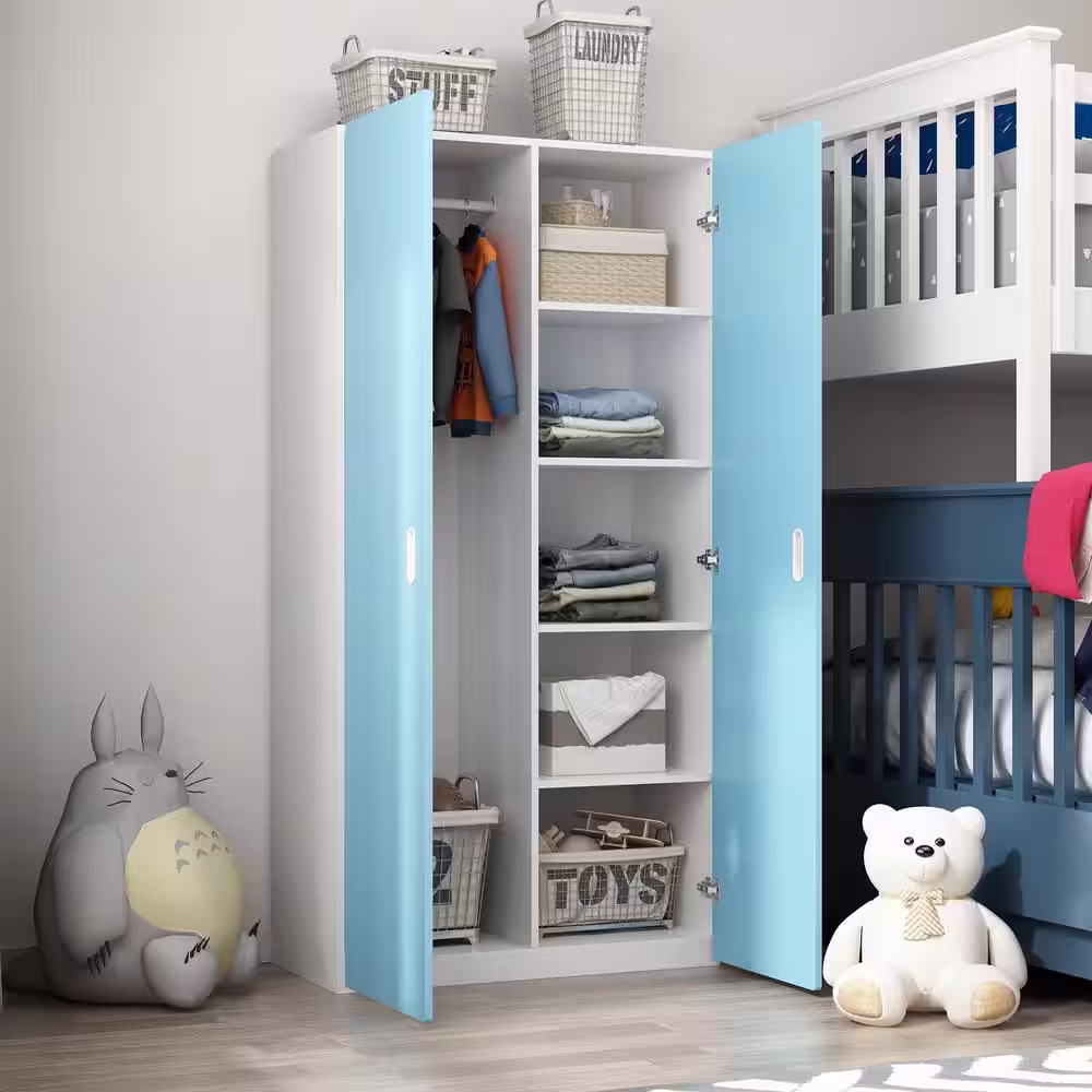 None Blue Kids Armoires Wardrobe With Hanging Rod, Adjustable Shelves, Anti Tipping ( 15.7 in. D x 31.5 in. W x 63 in. H)