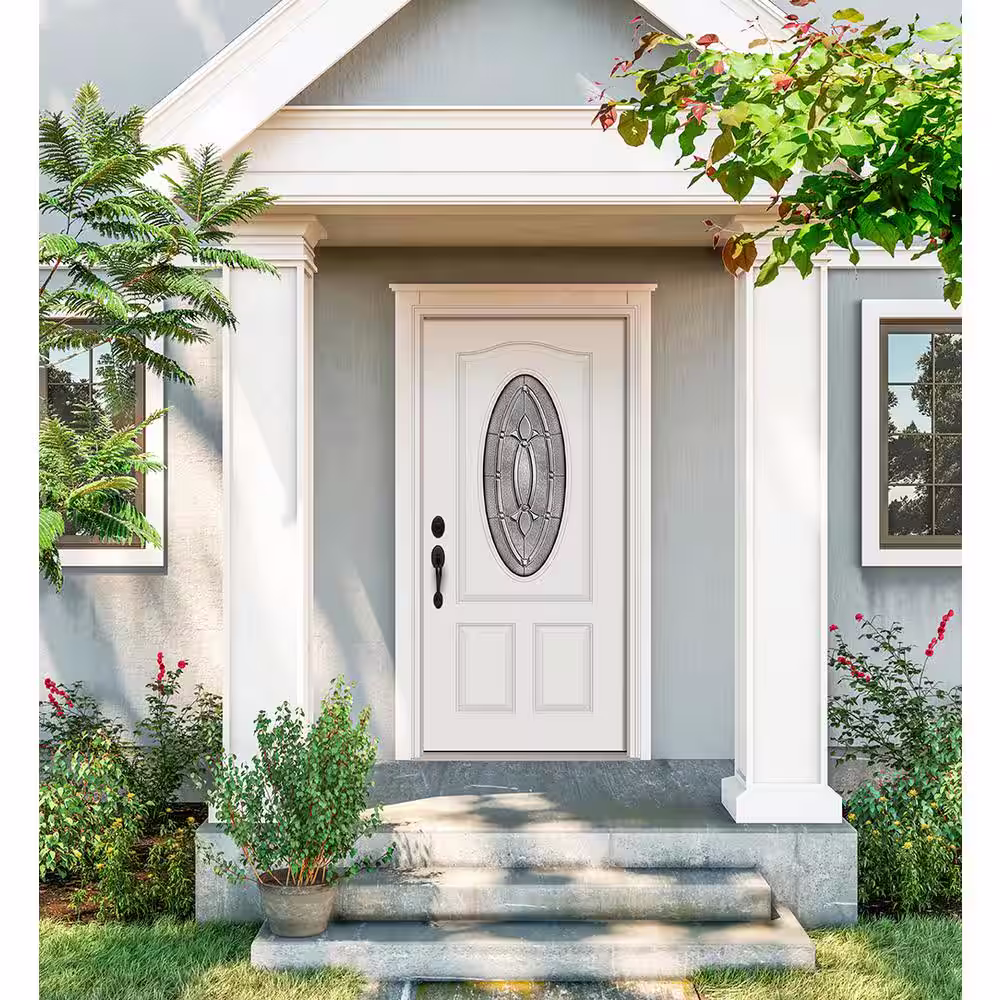 JELD-WEN 32 in. x 80 in. 3/4 Oval Lite Blakely Primed Steel Prehung Right-Hand Inswing Front Door w/Brickmould