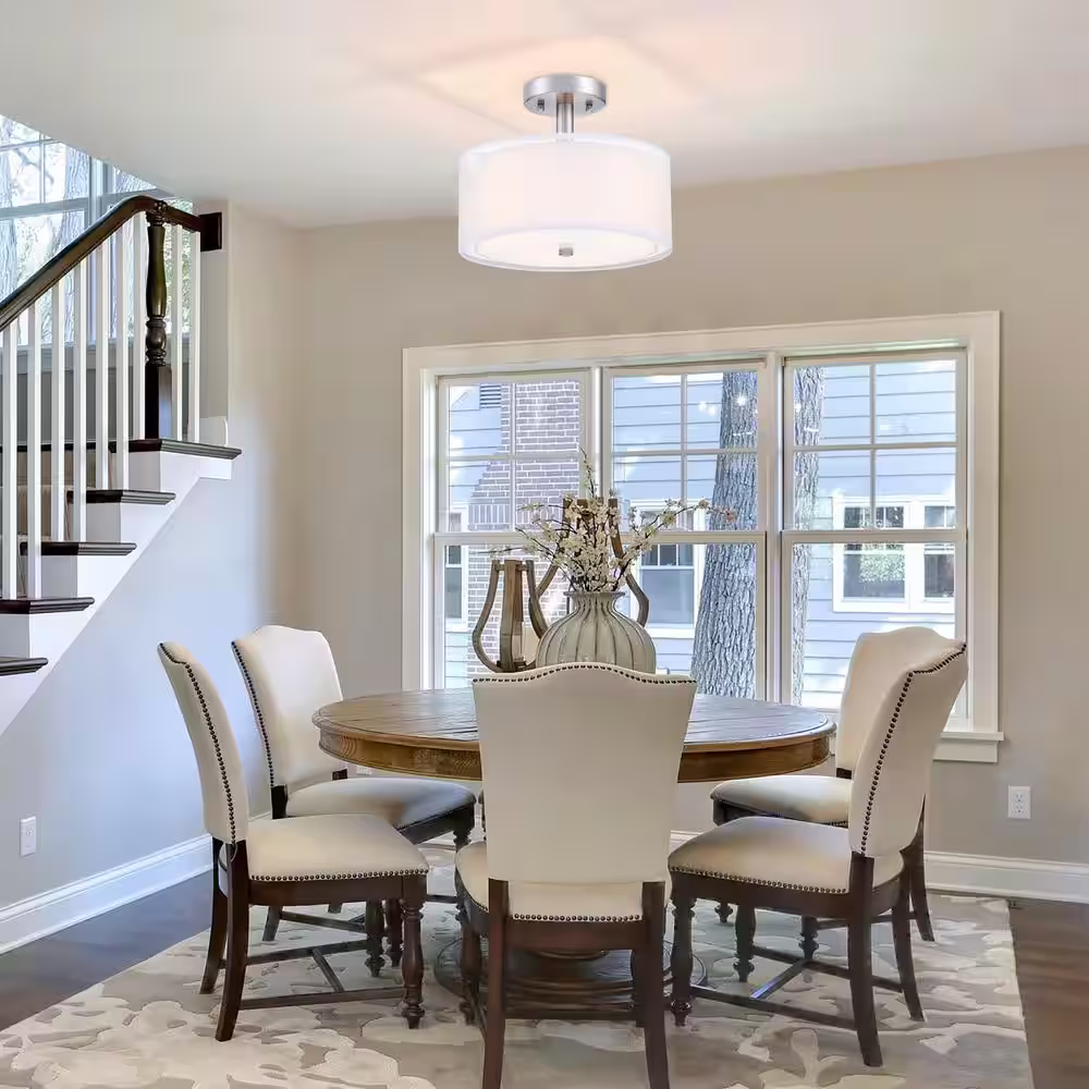 Hukoro 11.81 in 3-Light Modern Brushed Nickle Semi Flush Mount with Fabric Shade