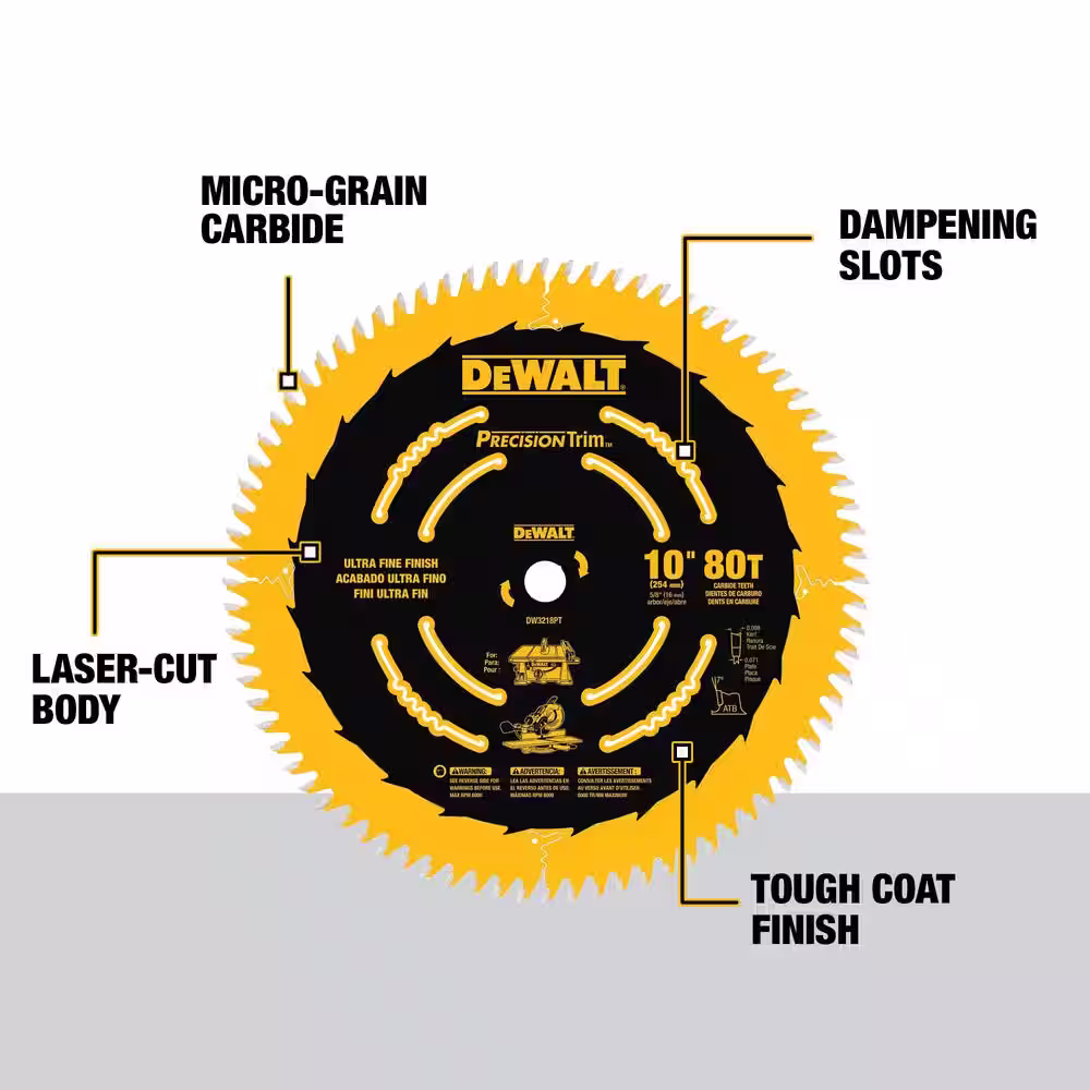 DEWALT Precision Trim Coated Thin Kerf 10 in. 80-Teeth ATB Fine Crosscut