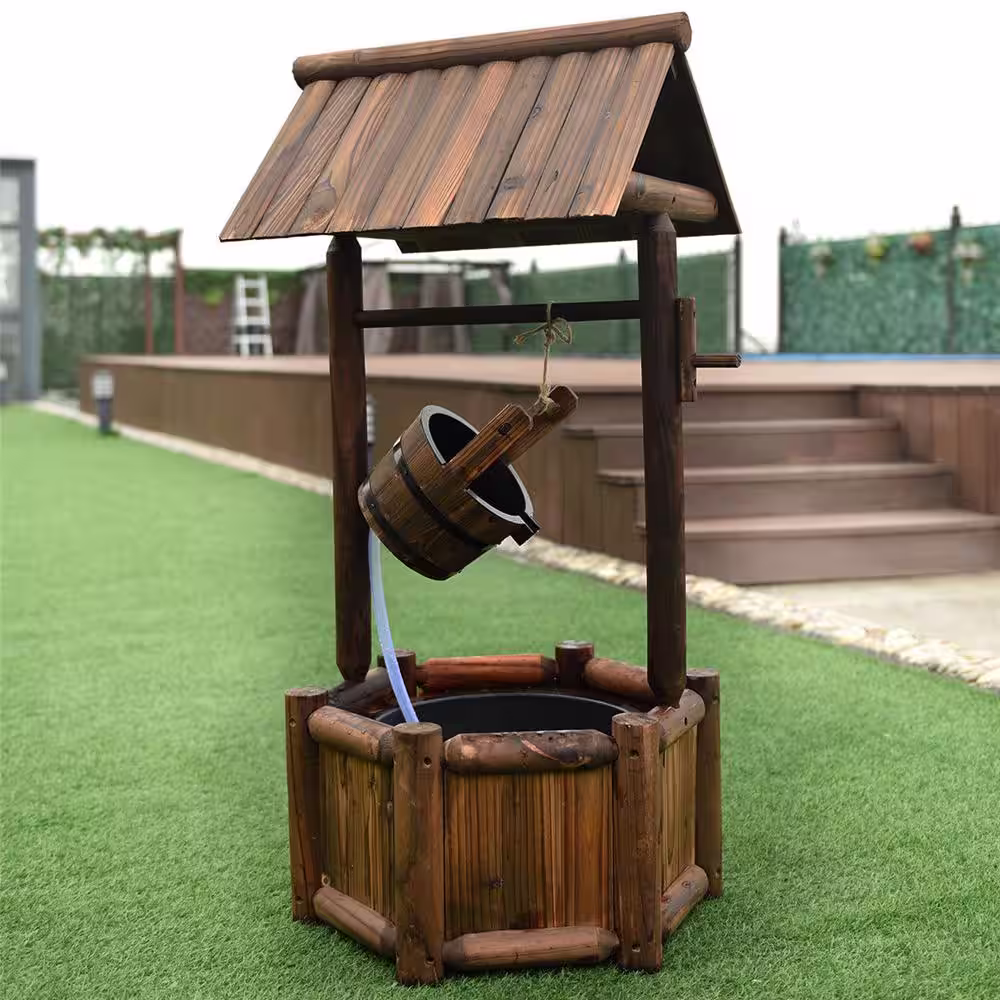 Costway Fir Wood Wishing Well Fountain Outdoor Electric Backyard Pump