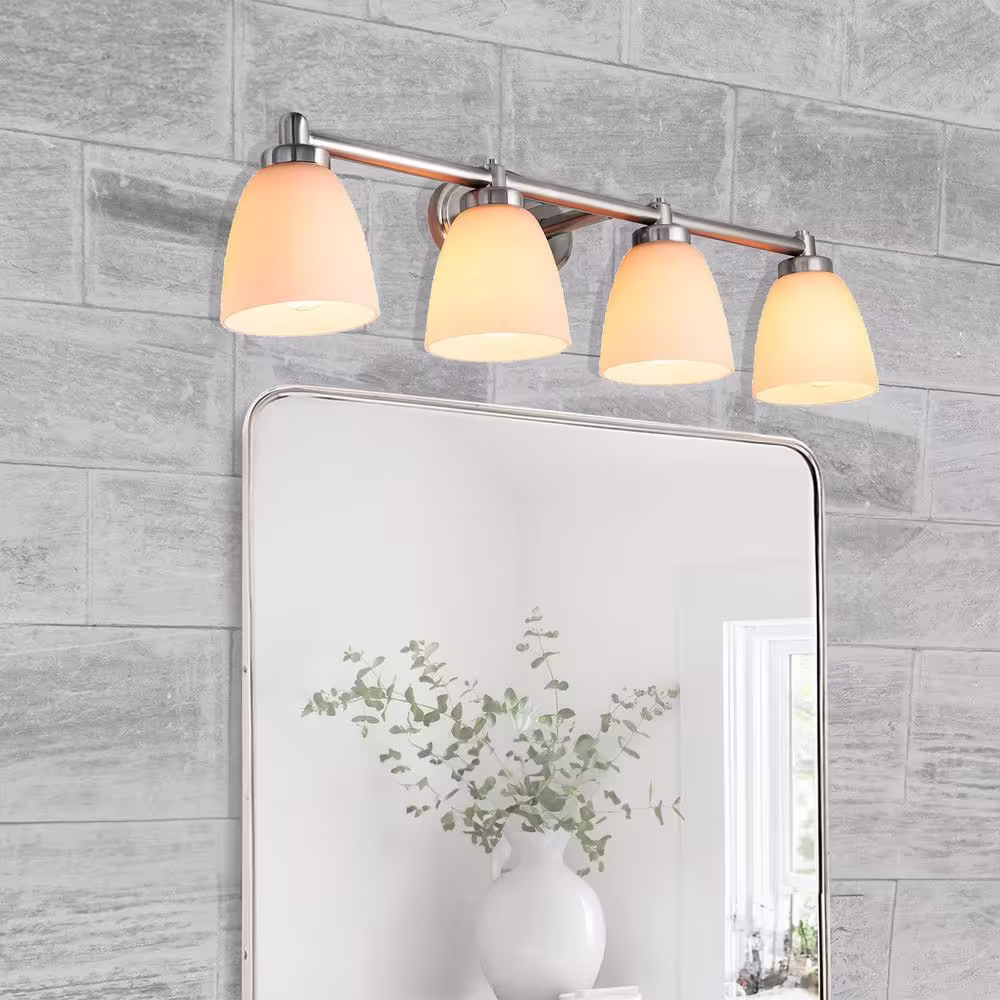 Sunlite 34 in. 4 Light Bar Brushed Nickel Bathroom Vanity Light Fixture with Bell Shaped Frosted Glass Shade