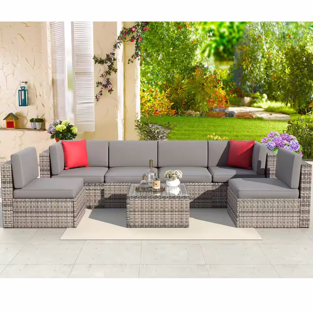 None 7-Piece Wicker Outdoor Patio Conversation Set in Gray with Patio Sectional Beige Cushions Sofas and Coffee Table