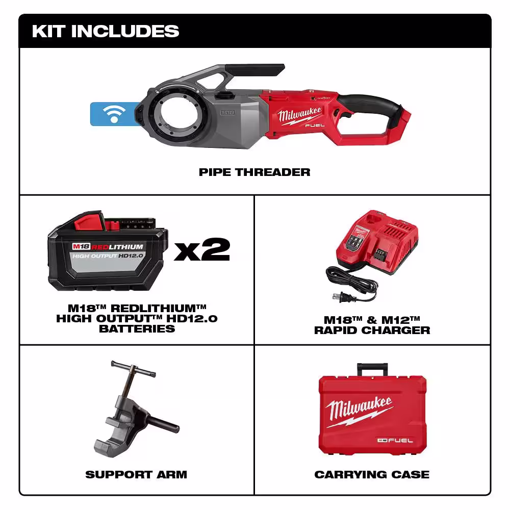 Milwaukee M18 Fuel One-Key Cordless Brushless Pipe Threader Kit w/(2) 12.0Ah Batteries & 1 in. Alloy NPT Aluminum Die Head