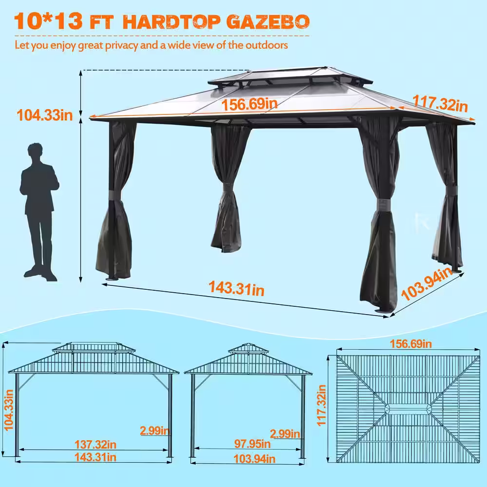 VEIKOUS 13 ft. x 10 ft. Polycarbonate Double Top Gazebo with Gray Curtains and Netting