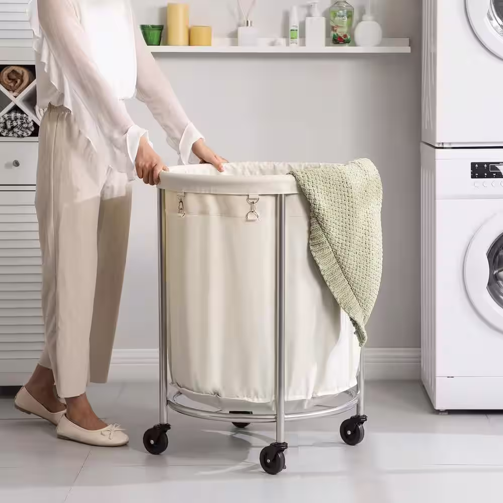 None 23.6 in. W x 23.6 in. D x 31.9 in. H Fabric Laundry Basket Hamper with Wheels Cream